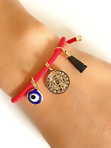 LESLIE BOULES 18K Gold Plated Saint Benedict Red String Bracelet Adjustable Charm Evil Eye & Dainty Genuine Azabache Hand