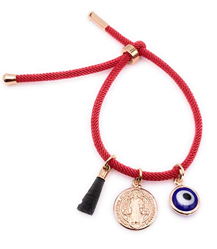 LESLIE BOULES 18K Gold Plated Saint Benedict Red String Bracelet Adjustable Charm Evil Eye & Dainty Genuine Azabache Hand