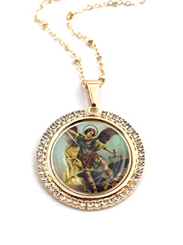 LESLIE BOULES St Michael The Archangel Pendant Necklace 18K Gold Plated Chain 18 Inches Length