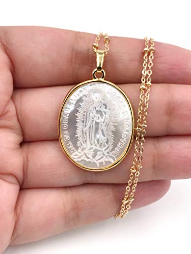 LESLIE BOULES Mother of Pearl Guadalupe Medal Pendant Necklace for Women 18K Gold Plated Chain