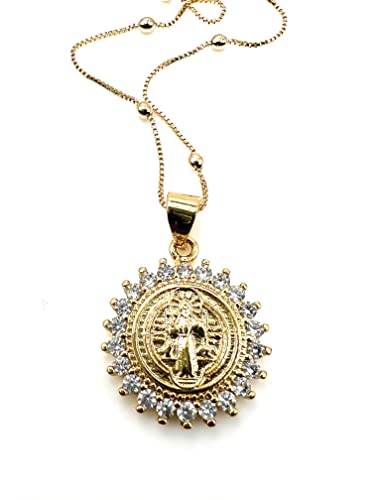 LESLIE BOULES 18K Gold Plated St Benedict Pendant Necklace for Women Religious Jewelry 18 Inches length