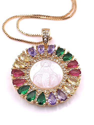 LESLIE BOULES Miraculous Medal Necklace Crystal & Mother Of Pearl Pendant