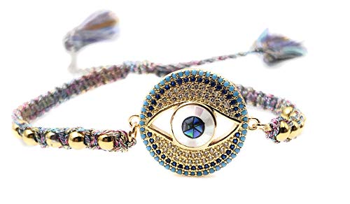 LESLIE BOULES Evil Eye Gold Plated Beads Bracelet Adjustable with Charm Colored Tassels