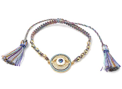 LESLIE BOULES Evil Eye Gold Plated Beads Bracelet Adjustable with Charm Colored Tassels