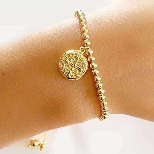 LESLIE BOULES Saint Benedict Medal Gold Beads Adjustable Bracelet for Women Religious Jewelry