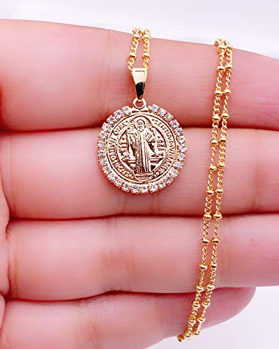 LESLIE BOULES 18K Gold Plated Saint Benedict Pendant Necklace for Women Religious Jewelry