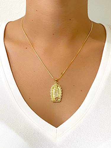 LESLIE BOULES Guadalupe 18K Gold Plated Pendant Necklace for Women Snake Chain Religious Jewelry