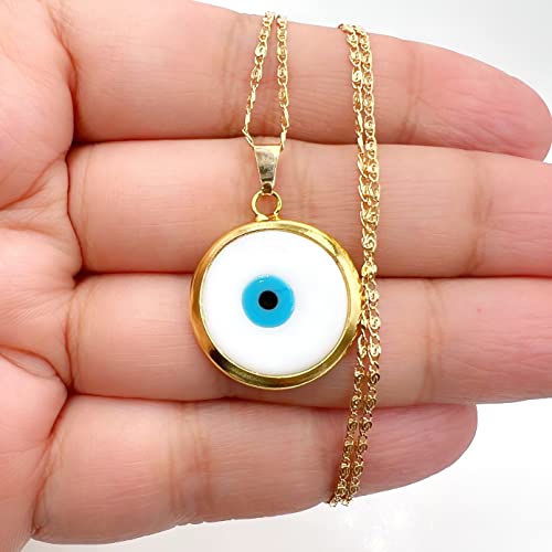 LESLIE BOULES White Evil Eye Pendant Necklace for Women 18K Gold Plated Chain Nazar Jewelry