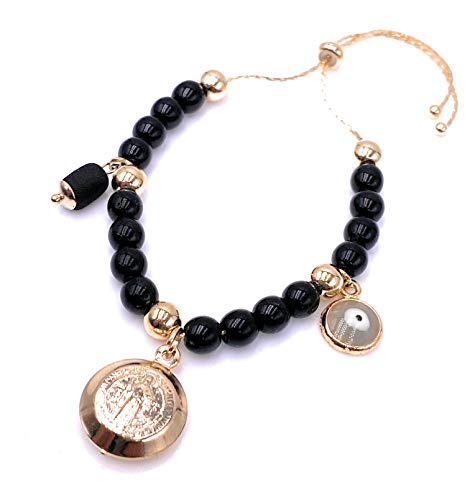 LESLIE BOULES Saint Benedict Medal Black Beads Bracelet Genuine Azabache and Evil Eye Pendants