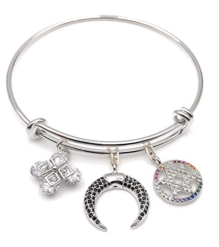 LESLIE BOULES Silver Charm Bangle Expandable Bracelet for Women Fashion Jewelry