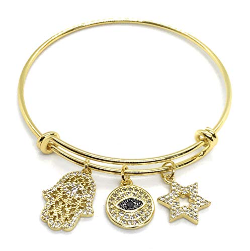LESLIE BOULES Gold Expandable Bangle Bracelet 18K Plated Charm Pendants