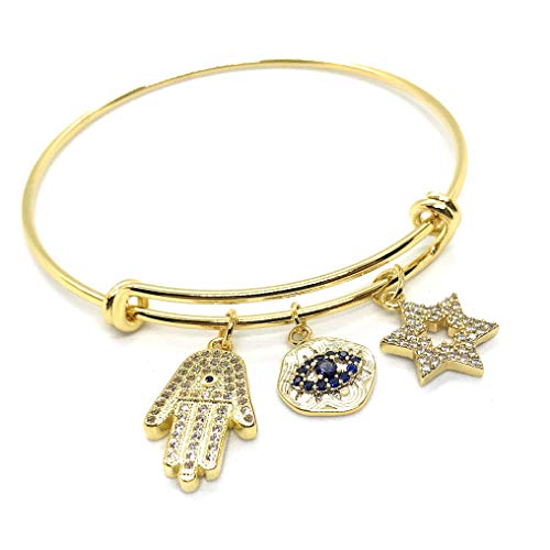 LESLIE BOULES Gold Plated Expandable Charm Bangle Bracelet Protection Jewelry