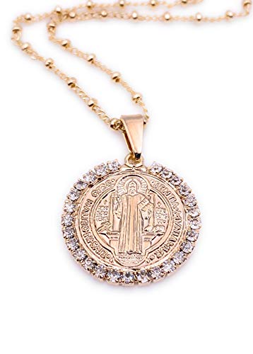 LESLIE BOULES 18K Gold Plated Saint Benedict Pendant Necklace for Women Religious Jewelry