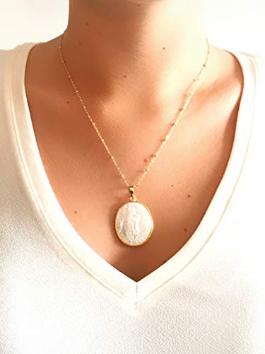 LESLIE BOULES Mother of Pearl Guadalupe Medal Pendant Necklace for Women 18K Gold Plated Chain