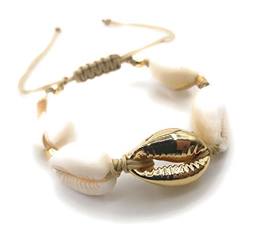 LESLIE BOULES Fashion Bracelet Natural Cowrie Shell Gold Plated Bead Novelty Jewelry