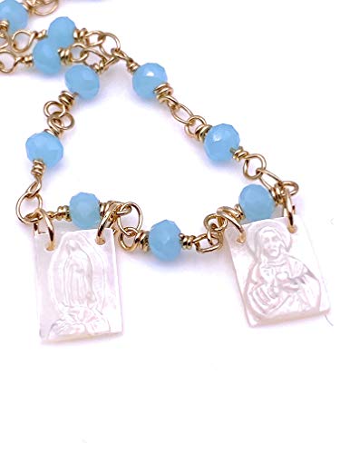 LESLIE BOULES Catholic Scapular Mother of Pearl Pendant Necklace Crystal Beads Chain