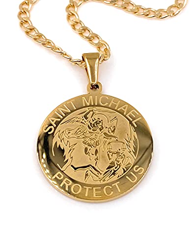 LESLIE BOULES Gold Saint Michael Archangel Stainless Steel Medal Necklace for Men 18K Plated Chain 22 Inches Length