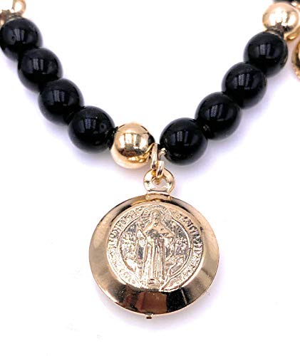 LESLIE BOULES Saint Benedict Medal Black Beads Bracelet Genuine Azabache and Evil Eye Pendants