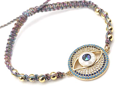 LESLIE BOULES Evil Eye Gold Plated Beads Bracelet Adjustable with Charm Colored Tassels