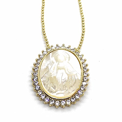 LESLIE BOULES Our Lady Of Grace Mother of Pearl Pendant Necklace Elegant Jewelry for Women