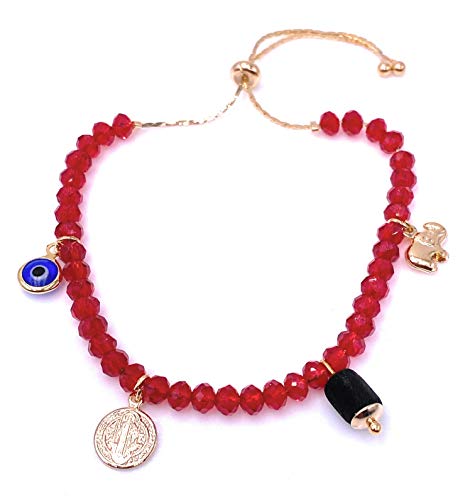 LESLIE BOULES Saint Benedict Medal Red Crystal Beads Bracelet for Women Amulet Pendants