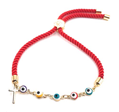 LESLIE BOULES Multicolored Evil Eye Beads Red Bracelet for Women Protection Jewelry