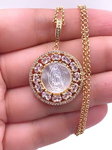 LESLIE BOULES Virgen de Guadalupe Rhinestone Pendant Necklace for Women 18K Gold Plated Chain