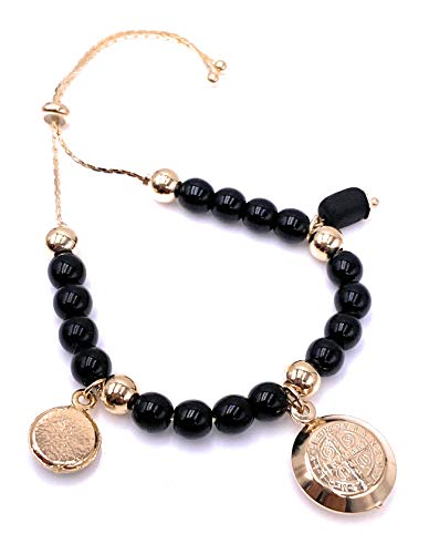 LESLIE BOULES Saint Benedict Medal Black Beads Bracelet Genuine Azabache and Evil Eye Pendants