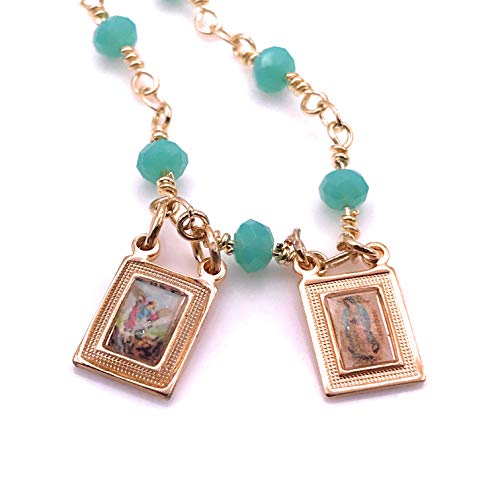 LESLIE BOULES Catholic Scapular Green Crystal Beads Chain Guadalupe & Archangel St. Michael Scapular