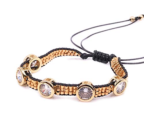 LESLIE BOULES Gold Plated Rhinestone Miyuki Glass Seed Beads Adjustable Crystal Bracelet Novelty Jewelry