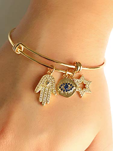 LESLIE BOULES Gold Plated Expandable Charm Bangle Bracelet Protection Jewelry