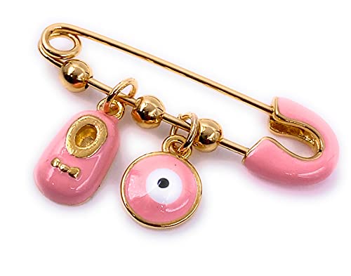LESLIE BOULES It's A Girl 18K Gold Plated Brooch Pin for Baby Pink Evil Eye & Tiny Shoe Pendants Protection Jewelry