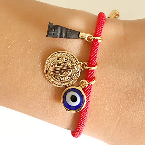 LESLIE BOULES 18K Gold Plated Saint Benedict Red String Bracelet Adjustable Charm Evil Eye & Dainty Genuine Azabache Hand