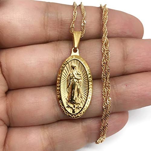 LESLIE BOULES 18K Gold Plated Guadalupe Medal Necklace 18 Inches Length Virgin Mary Jewelry