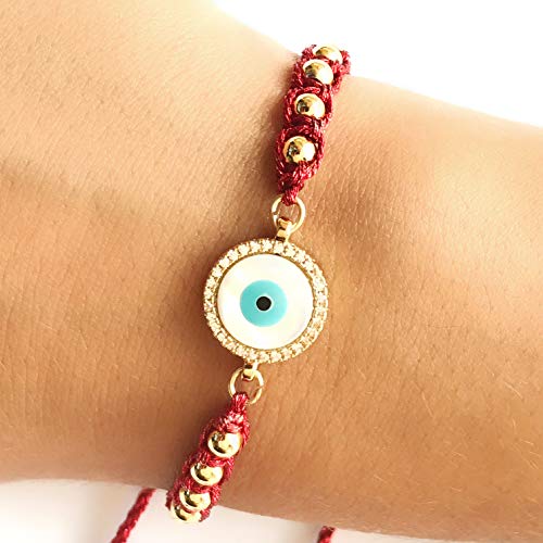 LESLIE BOULES Mother of Pearl Evil Eye Bracelet Boho Jewelry for Women