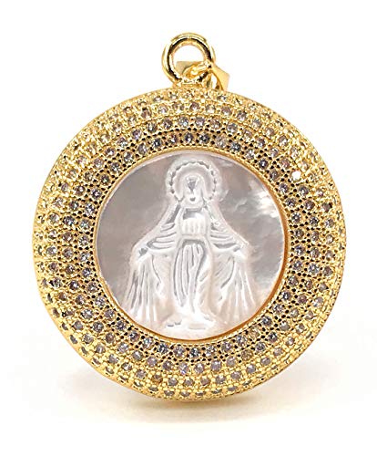 LESLIE BOULES Our Lady of Grace Mother of Pearl Pendant 18K Gold Plated Chain