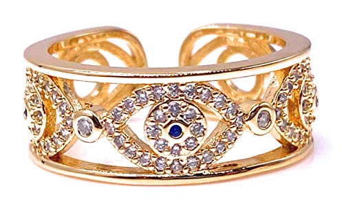 LESLIE BOULES 18K Gold Plated Evil Eye Cuff Ring for Women Protection Jewelry