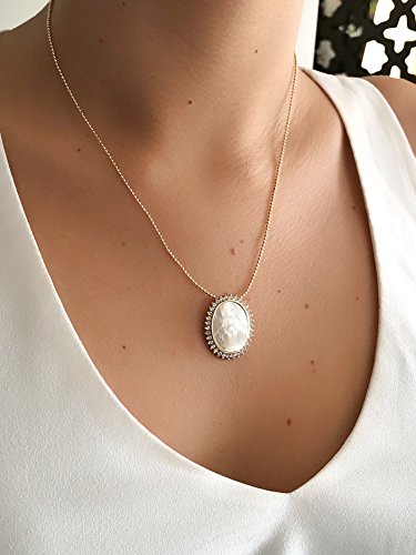 LESLIE BOULES Our Lady Of Grace Mother of Pearl Pendant Necklace Elegant Jewelry for Women