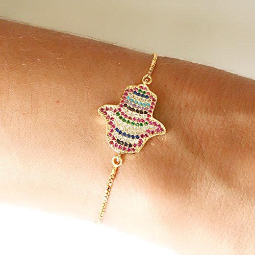 LESLIE BOULES Hamsa Hand Gold Bracelet Adjustable 18K Plated Sliding Chain Amuleto de Protección