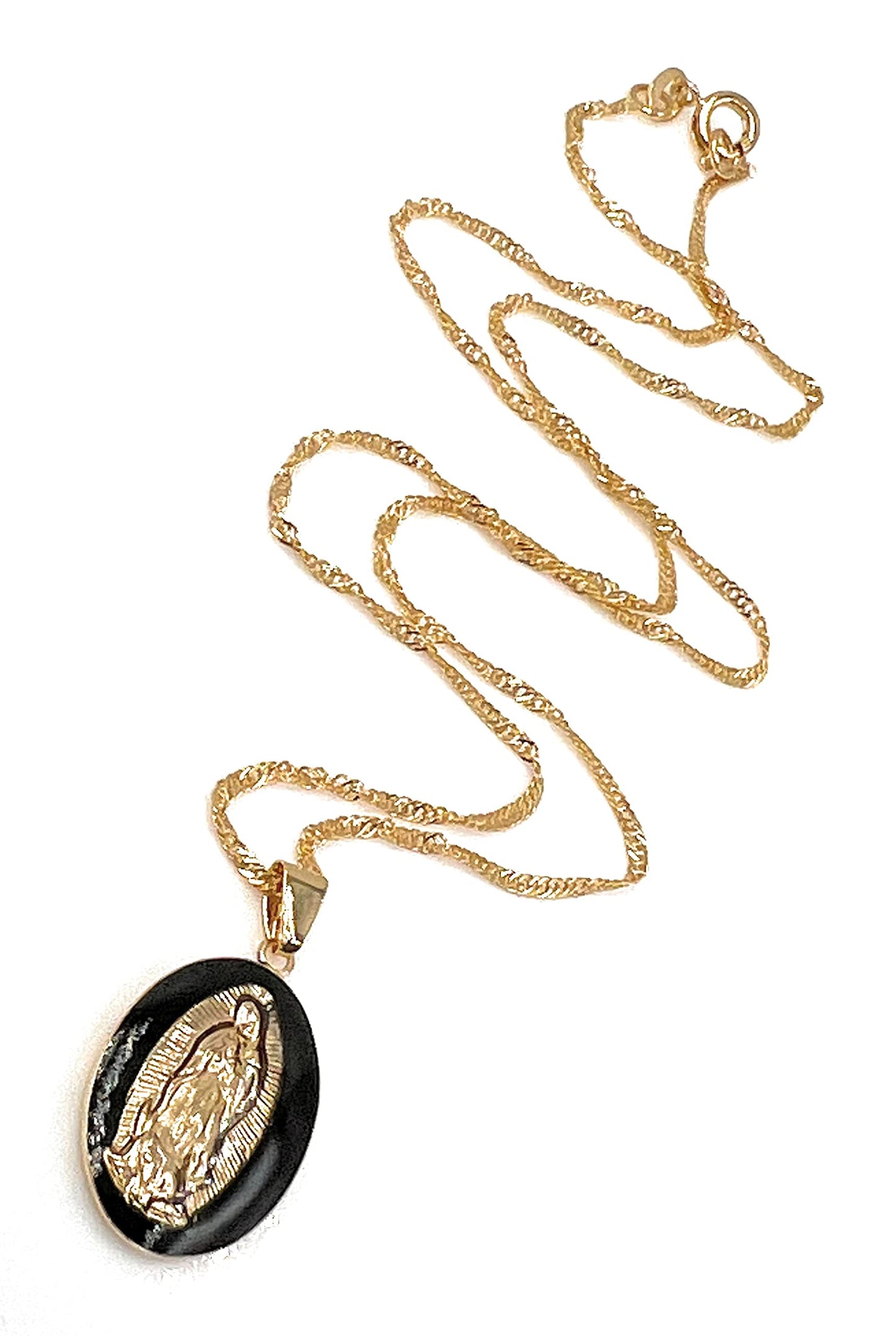 LESLIE BOULES Virgen de Guadalupe Black Medal Necklace 18K Gold Plated Chain Religious Jewelry for Women