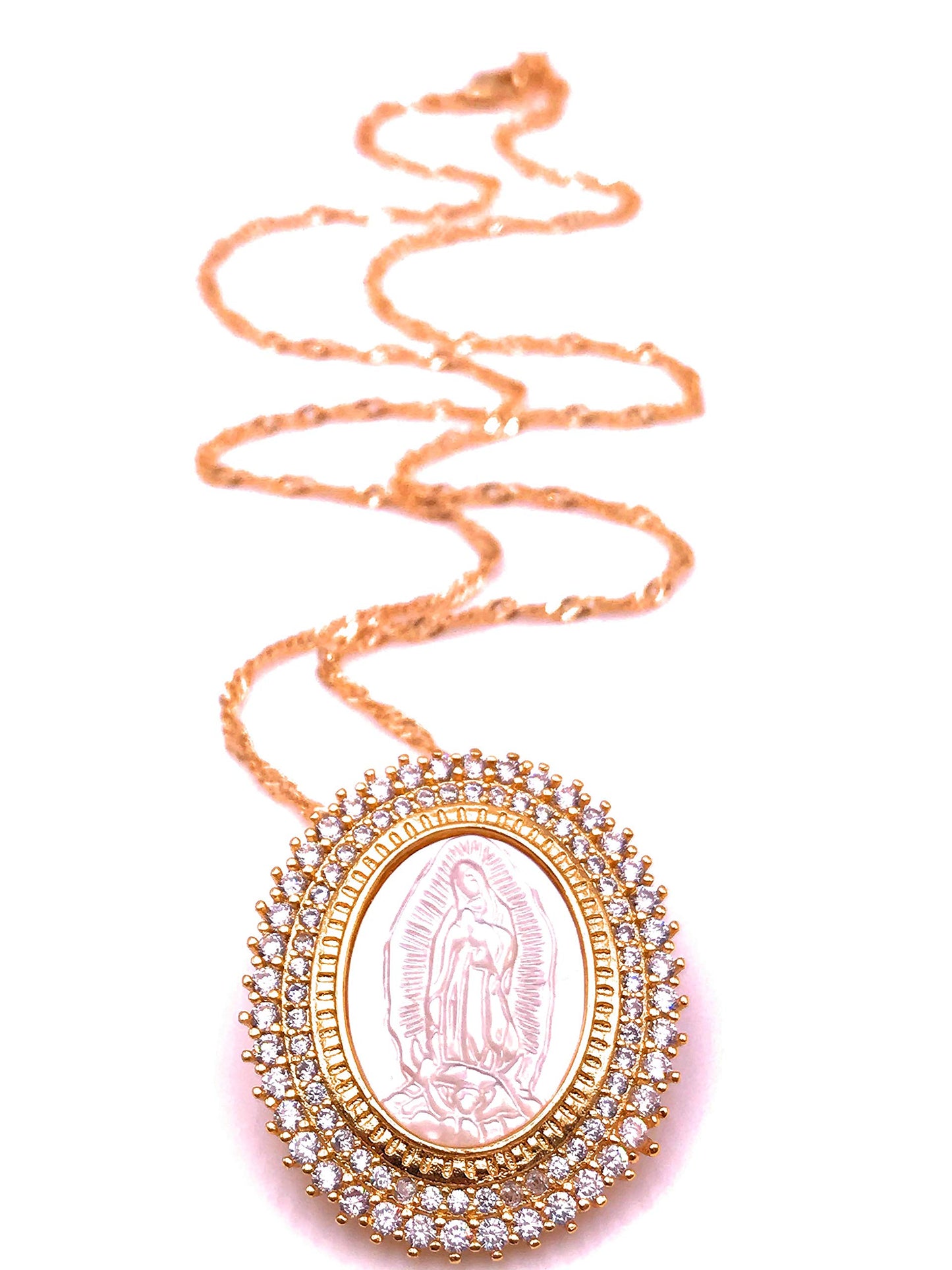 LESLIE BOULES Virgen de Guadalupe Medal Necklace 18.5 Inches Mother of Pearl Pendant