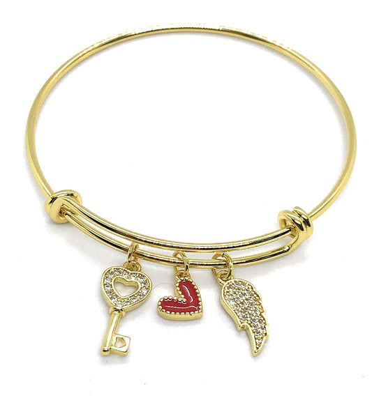 LESLIE BOULES Charm Bangle Expandable Bracelet 18K Gold Plated Lovely Pendants