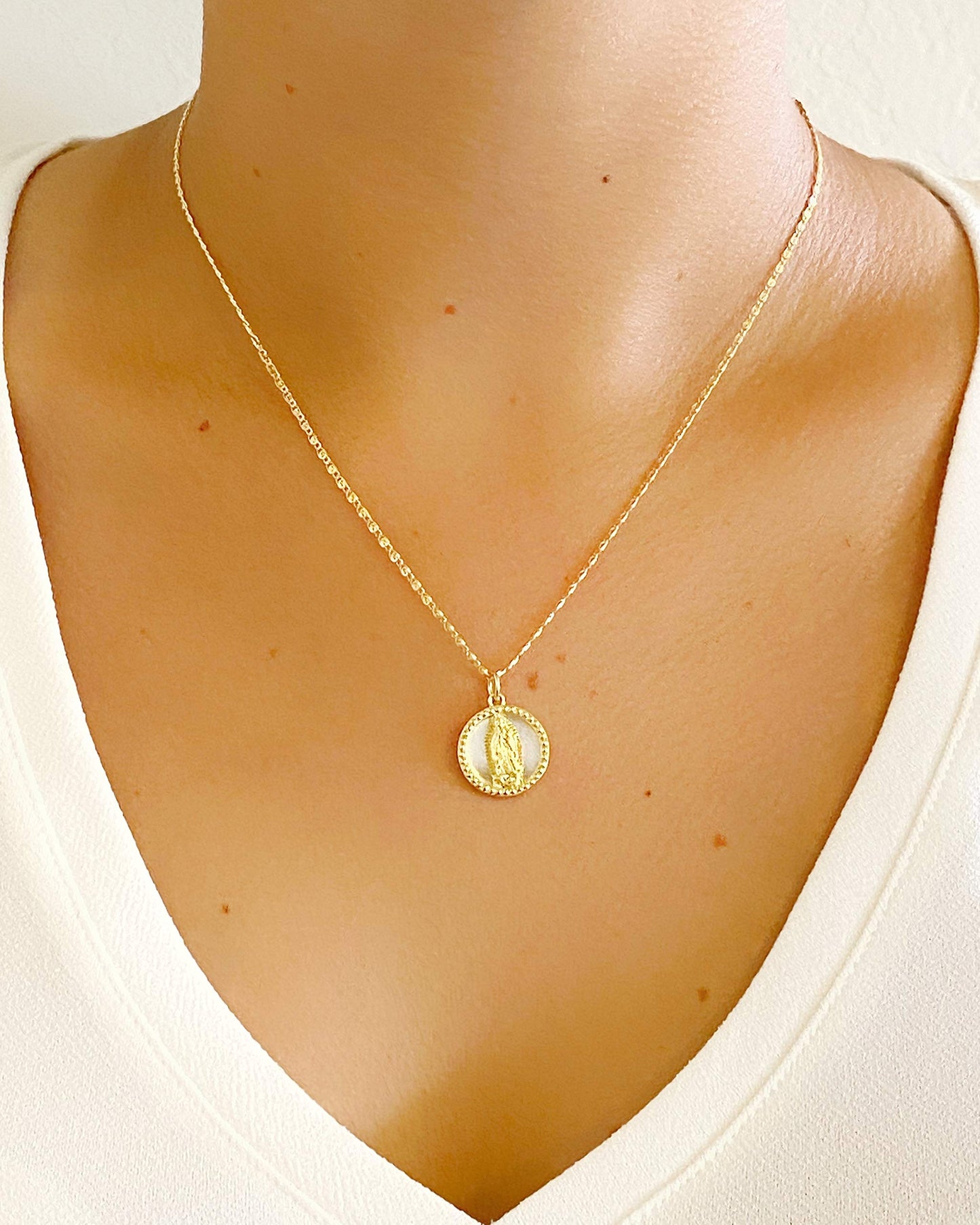 LESLIE BOULES Virgin Guadalupe Pendant Necklace for Women Gold Plated Chain