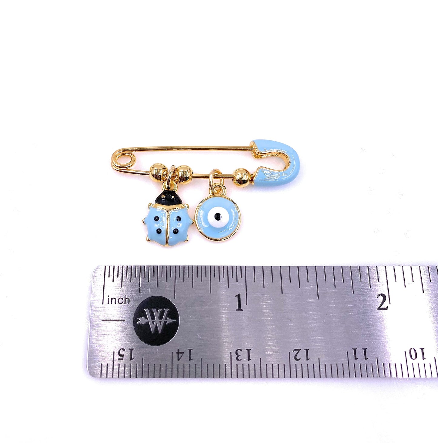 LESLIE BOULES 18K Gold Plated Brooch Pin for Baby Blue Ligth Evil Eye & Tiny LadyBug Pendants Protection Jewelry