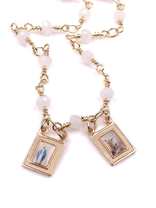 LESLIE BOULES Escapularios Católicos White Crystal Bead Chain Miraculous & Archangel Michael Scapular