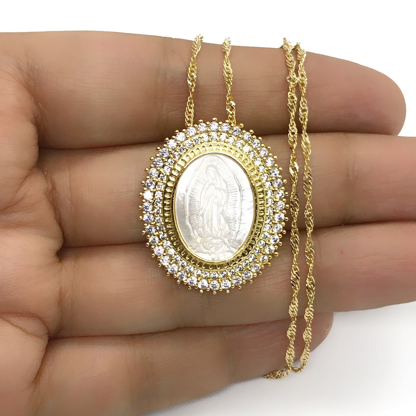 LESLIE BOULES Virgen de Guadalupe Medal Necklace 18.5 Inches Mother of Pearl Pendant